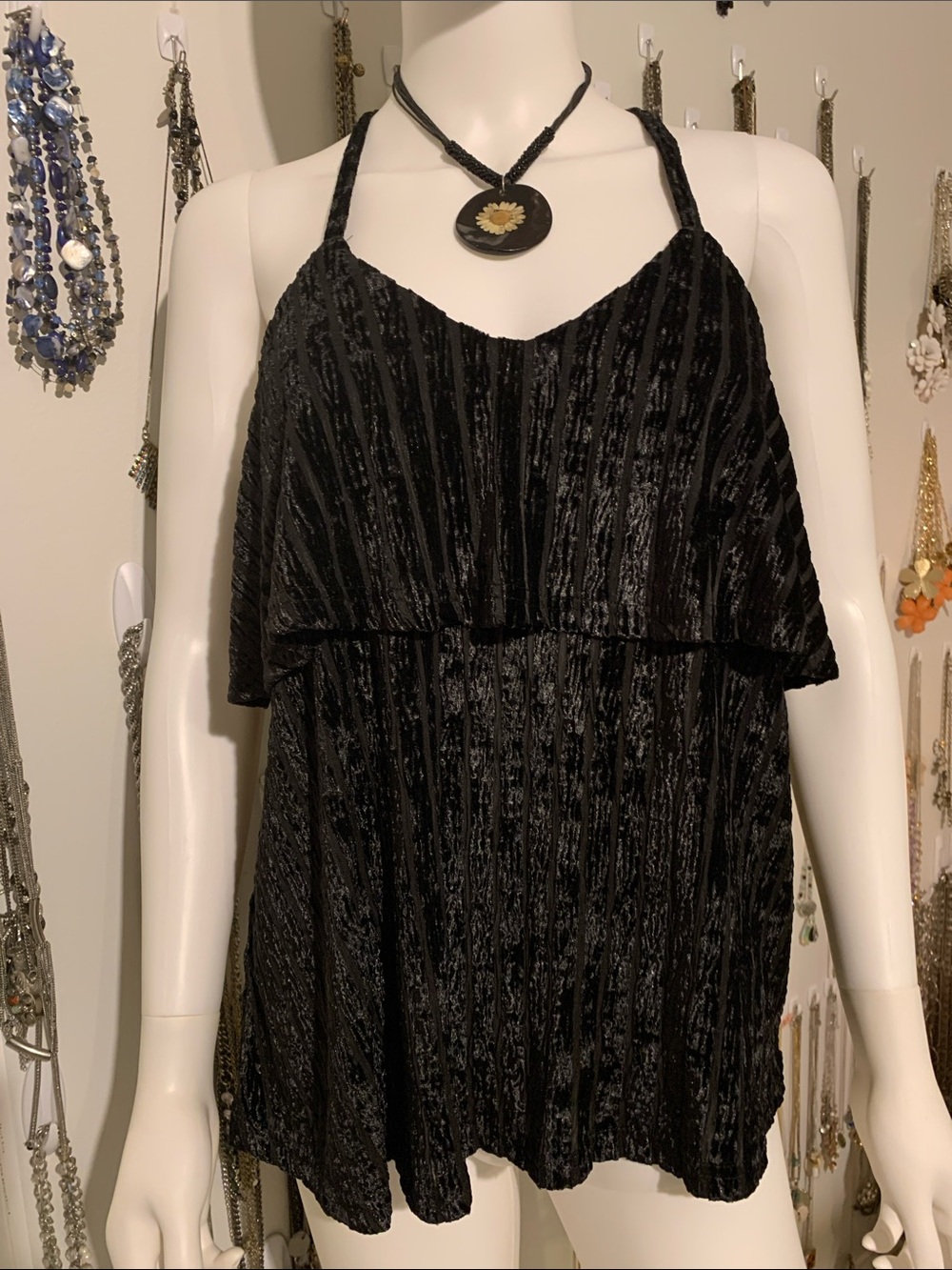 Love Riche Black Crushed Velvet Strappy Cami with necklace